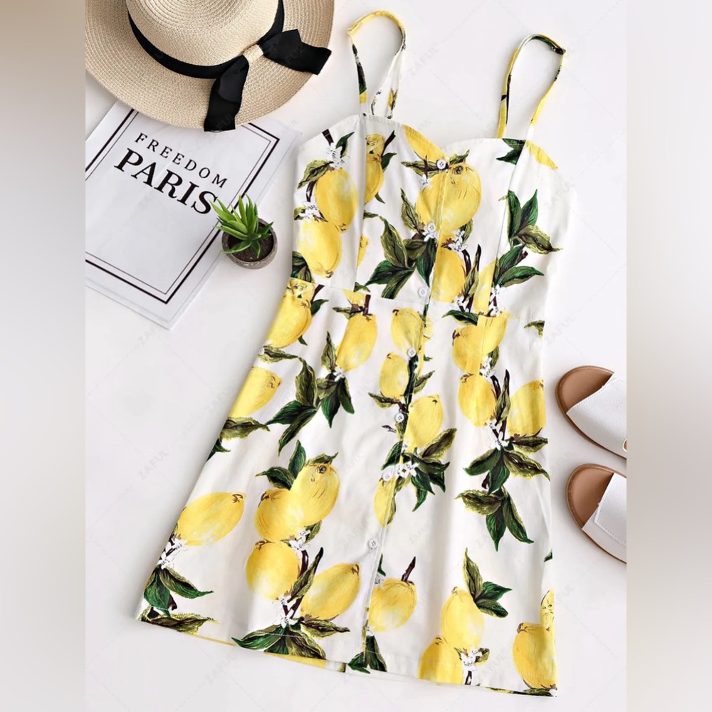 Lemon Print Open Back Cami Dress